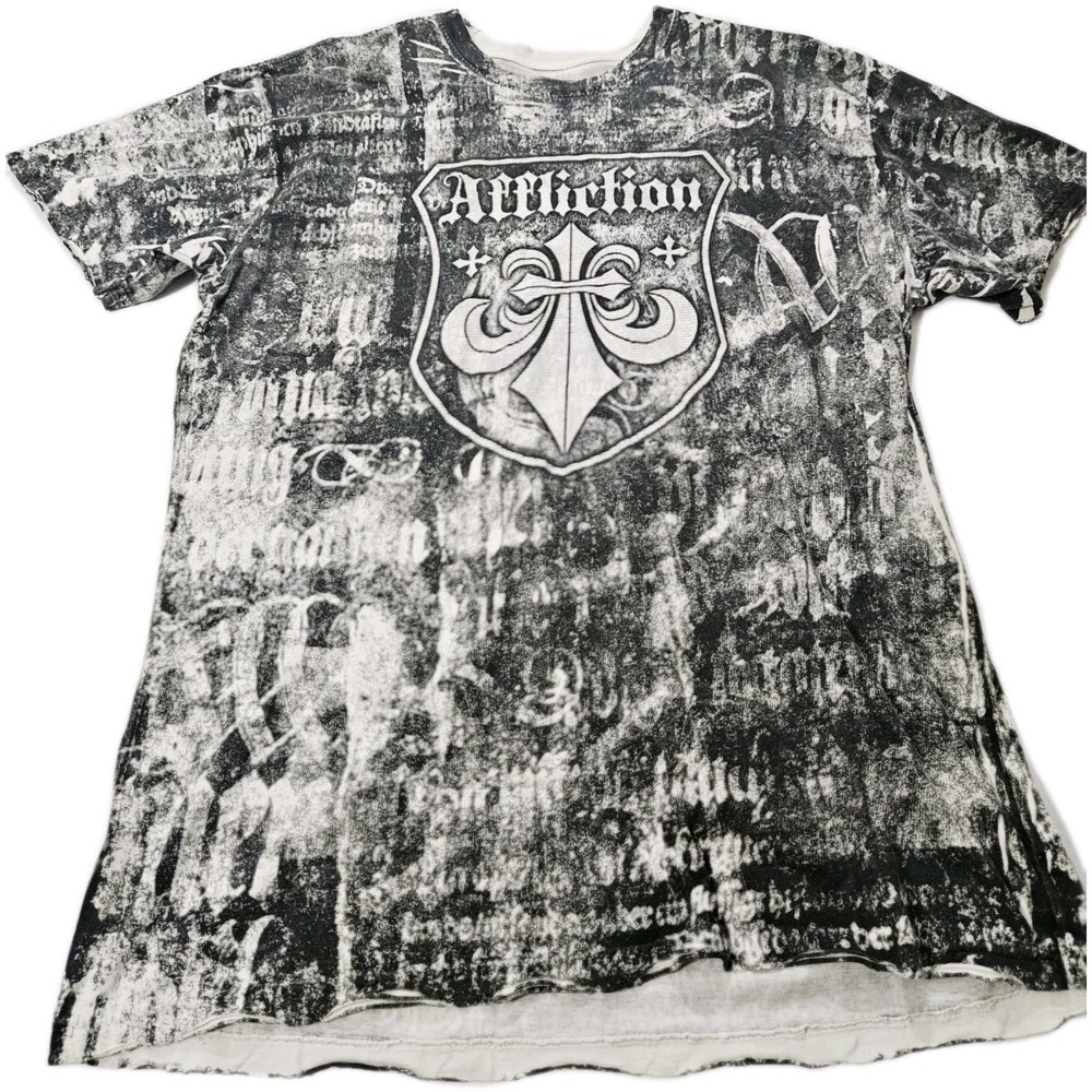 VTG Y2K Affliction All Over Print T-Shirt Adult 2XL Black White Distressed